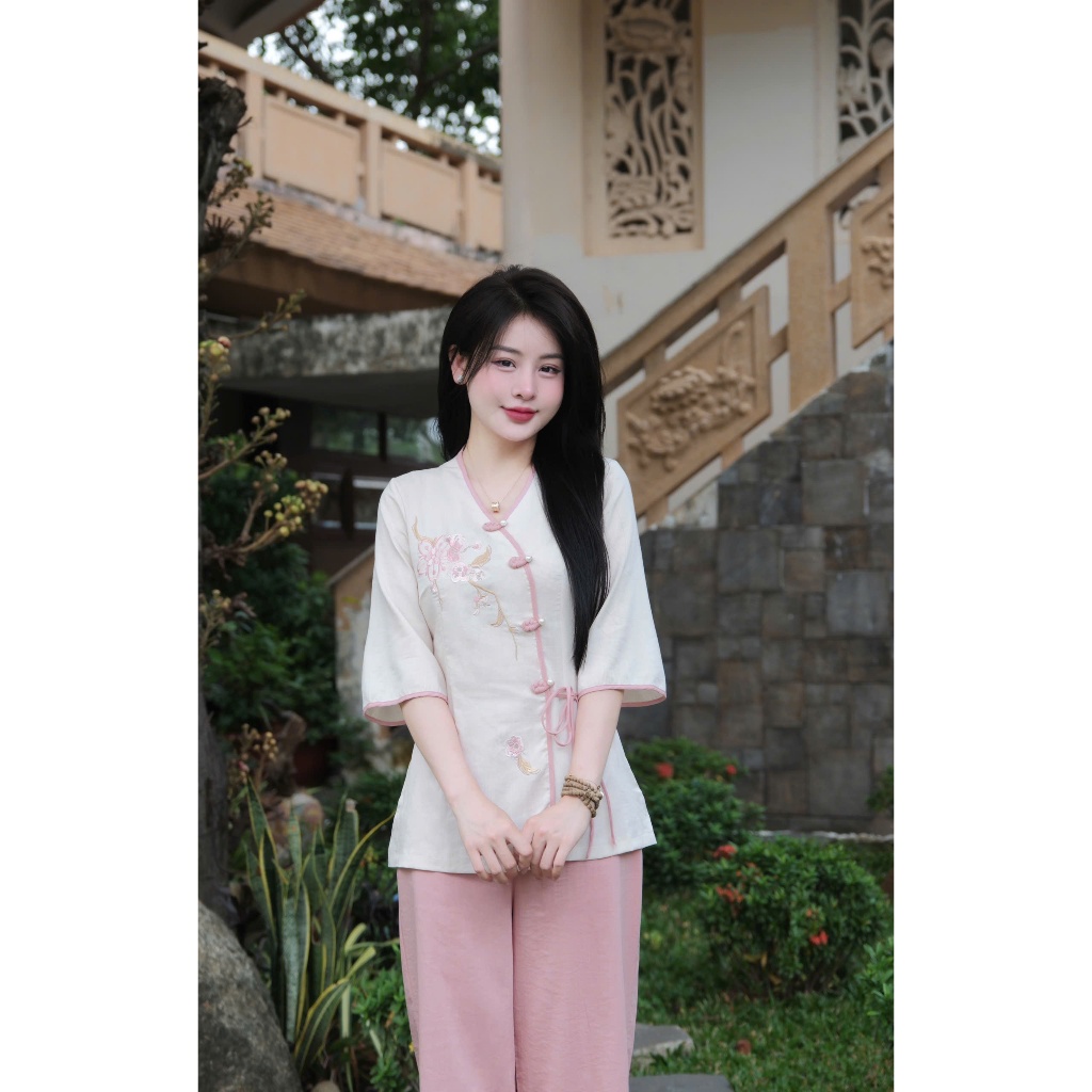Pháp phục đi chùa vạt chéo khuy tết đính ngọc vải đũi Đồ bộ đi chùa tay lỡ thắt nơ Set đồ lam đi lễ thêu hoa đũi mềm mịn