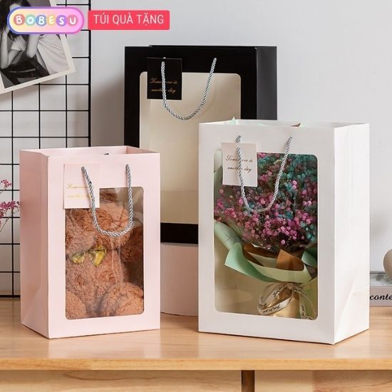 Túi Đựng Quà Tặng Mặt Kính Sang Trọng Kèm Đèn Led ,Thiệp Viết Tay, Giấy Vụn Trang Trí, Túi Giấy Kraft