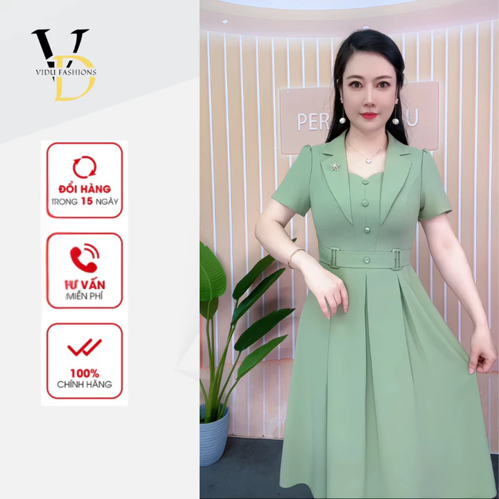 Đầm trung niên cho mẹ dự tiệc, đầm cổ VEST sang trọng công sở chất vải Lụa Mango VD