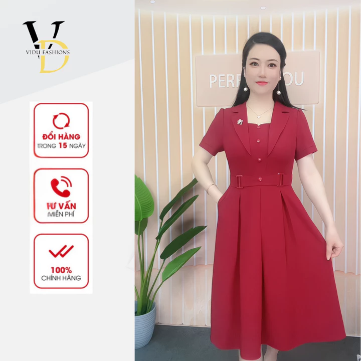 Đầm trung niên cho mẹ dự tiệc, đầm cổ VEST sang trọng công sở chất vải Lụa Mango VD