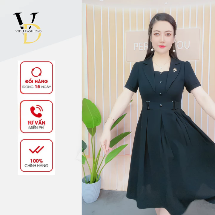 Đầm trung niên cho mẹ dự tiệc, đầm cổ VEST sang trọng công sở chất vải Lụa Mango VD