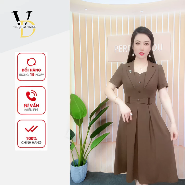 Đầm trung niên cho mẹ dự tiệc, đầm cổ VEST sang trọng công sở chất vải Lụa Mango VD