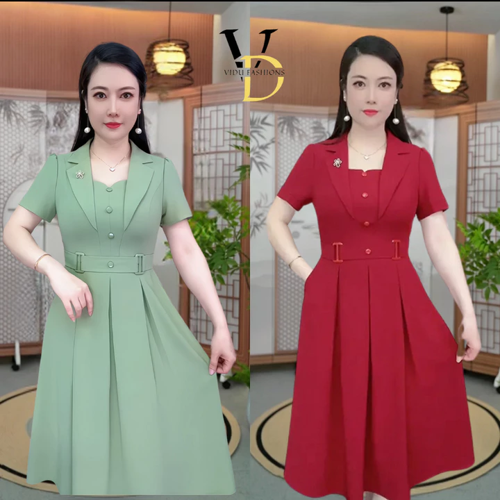 Đầm trung niên cho mẹ dự tiệc, đầm cổ VEST sang trọng công sở chất vải Lụa Mango VD
