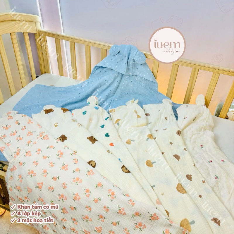 iuem KHĂN TẮM CÓ MŨ 4 lớp, đa năng dành cho bé từ sơ sinh, chất xô muslin mềm mát, kết hợp ủ cho bé