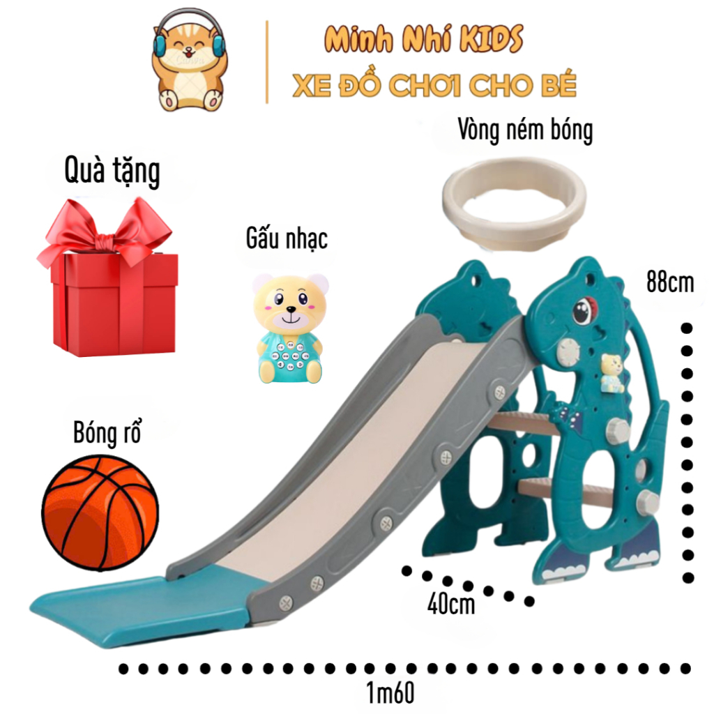 [ Ȟỏa Tốc 2H] Cầu trượt khủng long cho bé từ 1-7 tuổi Tặng kèm khung bóng rổ và bóng, Minhnhi.Kid