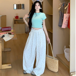 Quần ống rộng trắng chấm bi phôi viền ren chun, quần ống suông dài chấm bi đen, thời trang nữ hot 2024