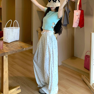 Quần ống rộng trắng chấm bi phôi viền ren chun, quần ống suông dài chấm bi đen, thời trang nữ hot 2024
