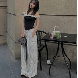 Quần ống rộng trắng chấm bi phôi viền ren chun, quần ống suông dài chấm bi đen, thời trang nữ hot 2024