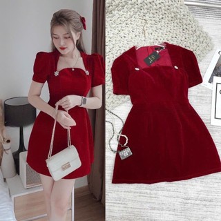 Đầm nhung Ôm dáng Màu Đỏ XINH XẮN TIỂU THƯ ĐÍNH NGỌC