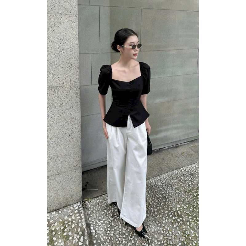 Áo Thiết Kế Peplum Cổ Tim Tay Lỡ Thanh Lịch Trẻ Trung Dự Tiệc Dạo Phố Công Sở - PUSU HOUSE
