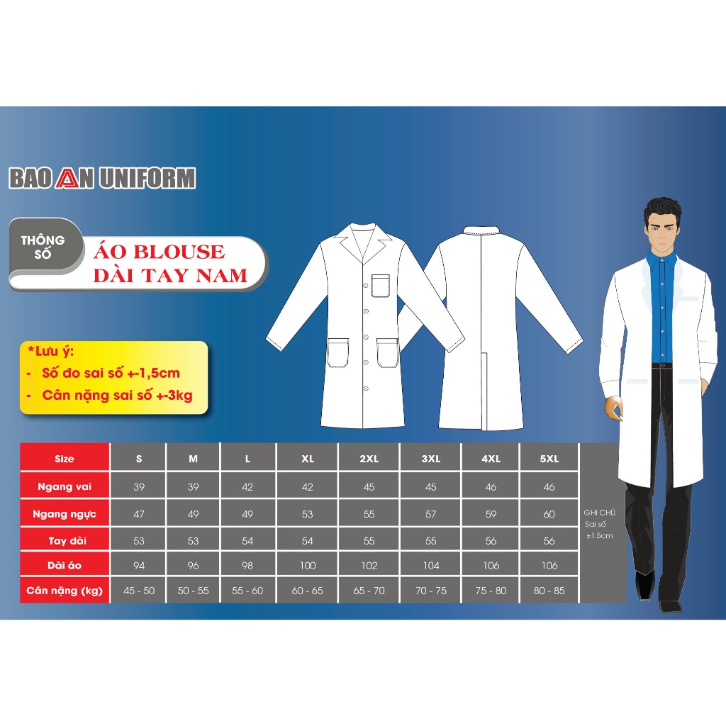 Áo Blouse Trắng Tay Dài Nam Nữ- Vải kaki VN, cổ bẻ danton, chuẩn form bác sĩ-hình thật