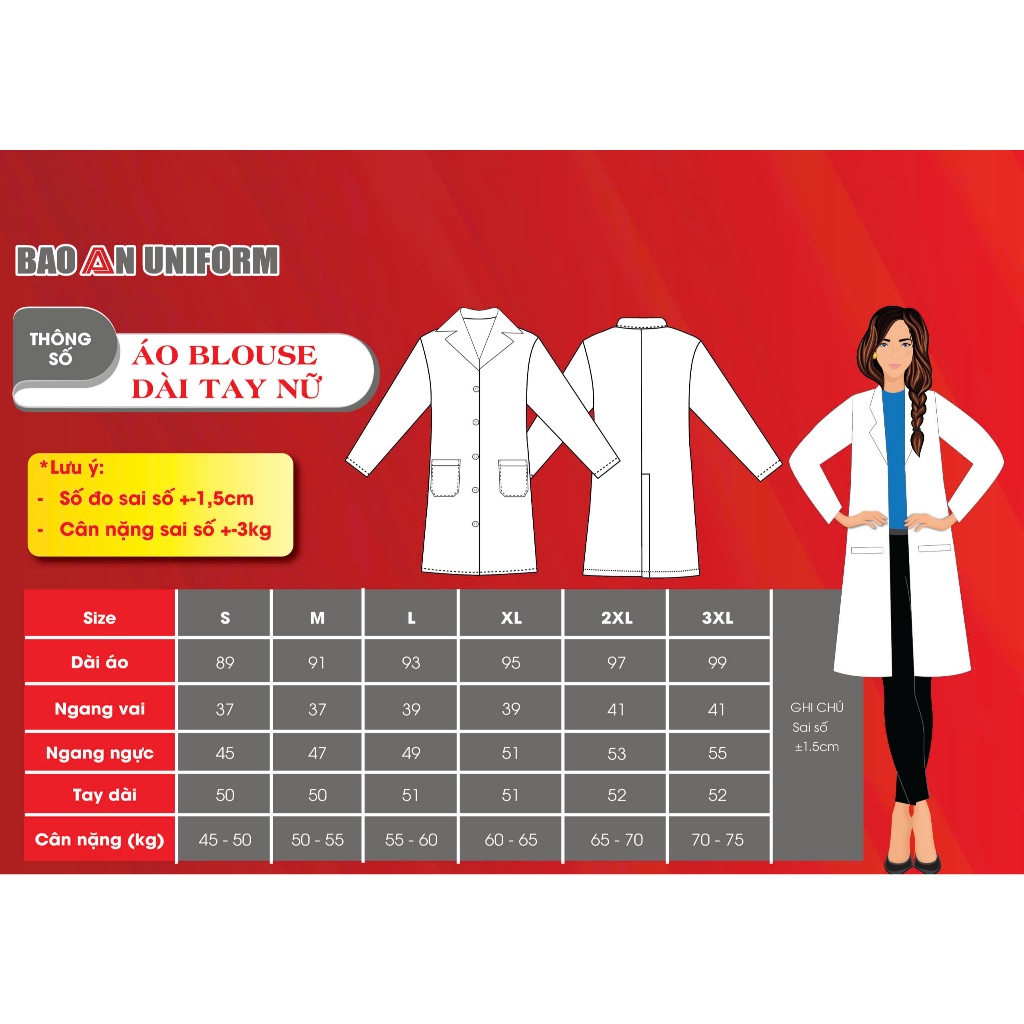Áo Blouse Trắng Tay Dài Nam Nữ- Vải kaki VN, cổ bẻ danton, chuẩn form bác sĩ-hình thật