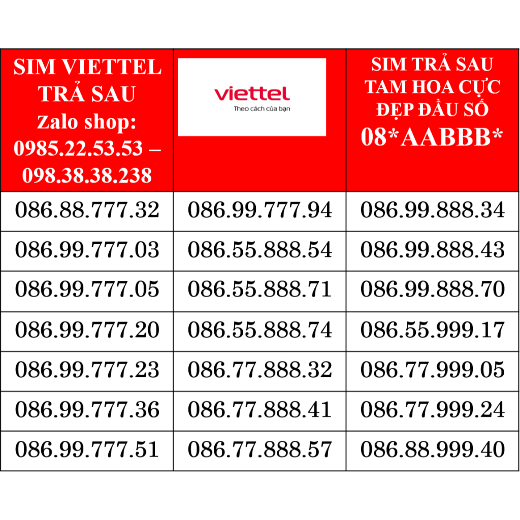 Sim Viettel Trả Sau 08, sim TAMHOA DẠNG SỐ AABBB giữa dễ nhớ | Shopee ...