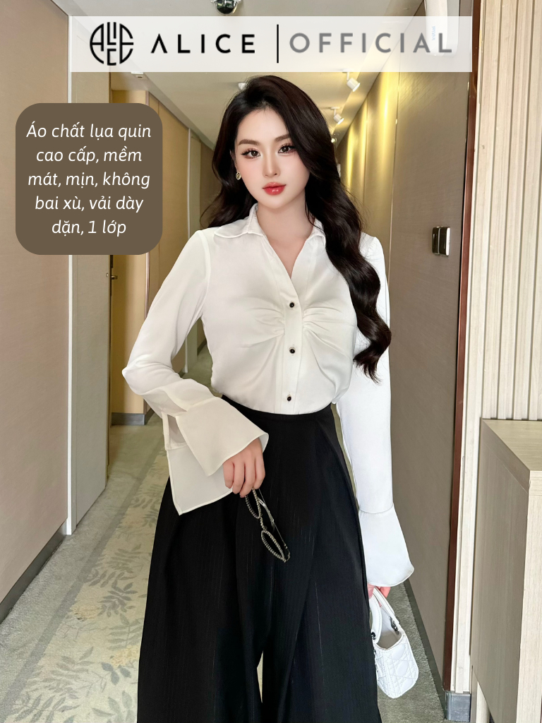 Set Áo Công Sở ALICE (Không Kèm Đai Hoa) Áo Lụa Cổ V Nhúm Ngực Kèm Quần Ống Suông Thiết Kế Tay Chuông Sang Chảnh S678