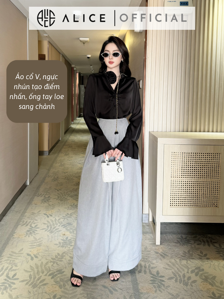 Set Áo Công Sở ALICE (Không Kèm Đai Hoa) Áo Lụa Cổ V Nhúm Ngực Kèm Quần Ống Suông Thiết Kế Tay Chuông Sang Chảnh S678