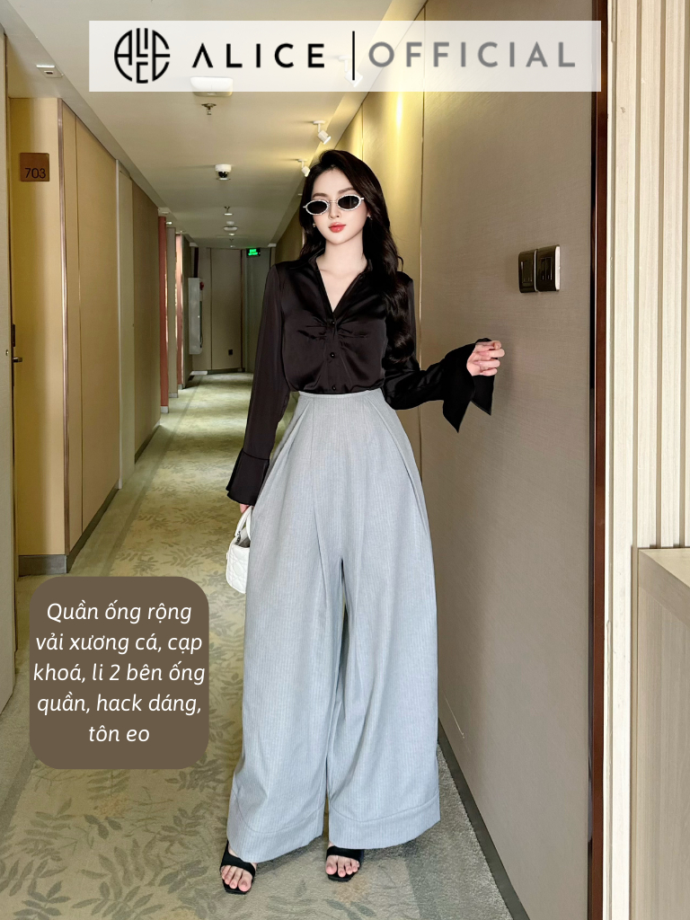 Set Áo Công Sở ALICE (Không Kèm Đai Hoa) Áo Lụa Cổ V Nhúm Ngực Kèm Quần Ống Suông Thiết Kế Tay Chuông Sang Chảnh S678