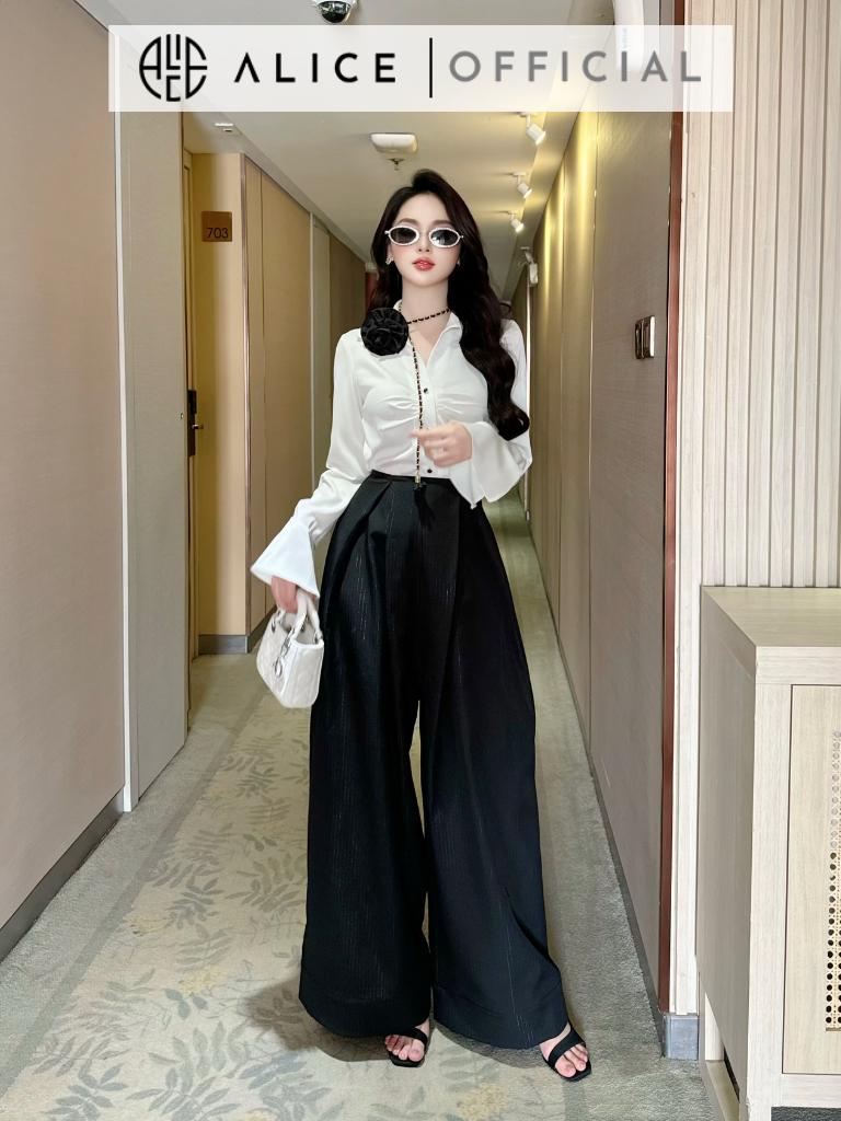 Set Áo Công Sở ALICE (Không Kèm Đai Hoa) Áo Lụa Cổ V Nhúm Ngực Kèm Quần Ống Suông Thiết Kế Tay Chuông Sang Chảnh S678