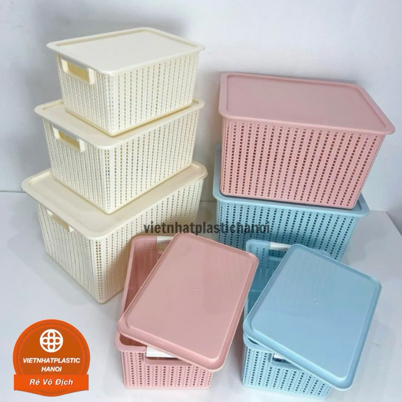 Giỏ nhựa có nắp 3 size Việt Nhật, Giỏ đựng đồ đa năng tiết kiệm không gian nhà bếp phòng khách 3415