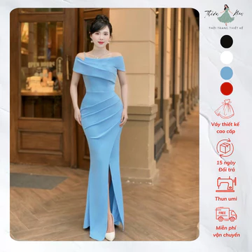 Đầm Dạ Hội Trẻ Trung Trễ Vai Xẻ Tà, Đầm Dự Tiệc Bigsize Thiết Kế Trung Niên Sang Trọng Mã Dạ Hội M43
