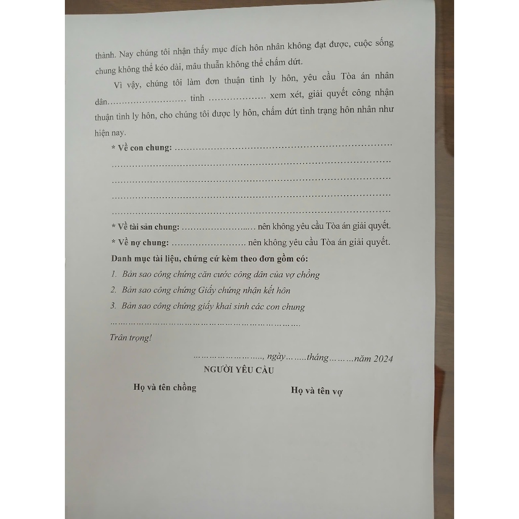 ĐƠN THUẬN TÌNH,ĐƠN KHÔNG HOÀI GIẢI 04 BẢN A4,TẶNG KÈM 01 BÚT VIẾT XANH
