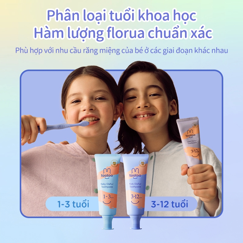 Combo 2 Tuýp Kem đánh răng cho bé tootoo hương đào Olaflur ngừa sâu răng mảng bám cho bé 0-12 tuổi