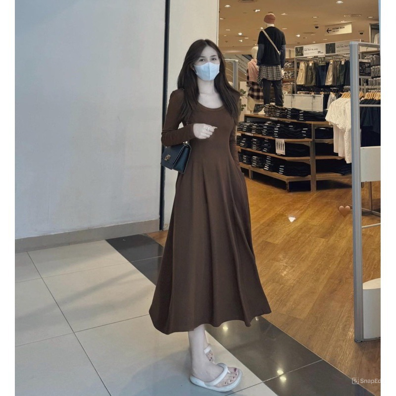 Đầm nữ dài tay dáng xòe chất thun co giãn cổ chữ U Jumito, đầm nữ tôn dáng phong cách nhẹ nhàng nữ tính HCOM2960