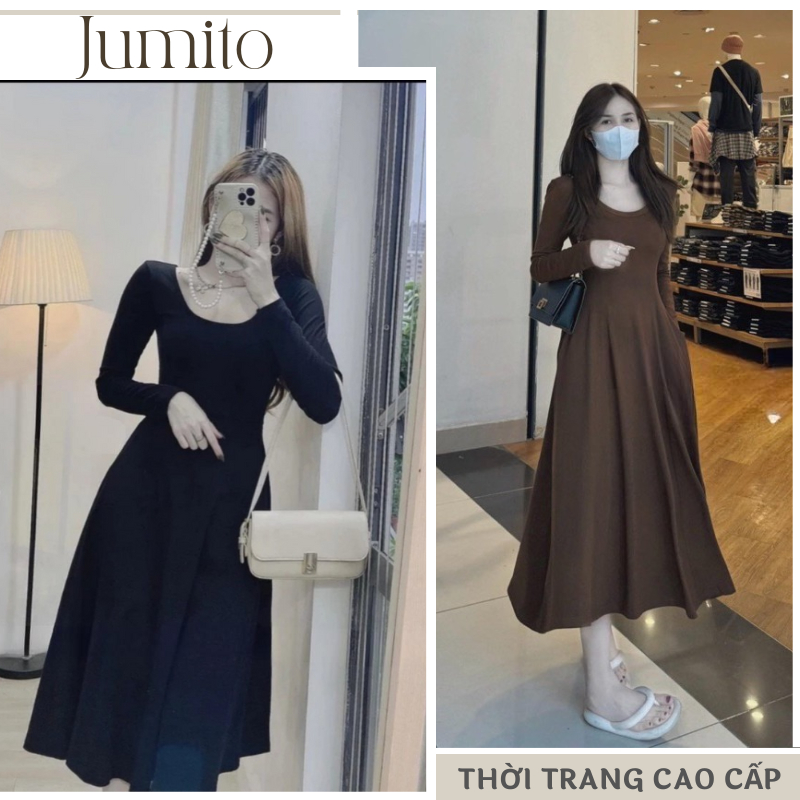 Đầm nữ dài tay dáng xòe chất thun co giãn cổ chữ U Jumito, đầm nữ tôn dáng phong cách nhẹ nhàng nữ tính HCOM2960