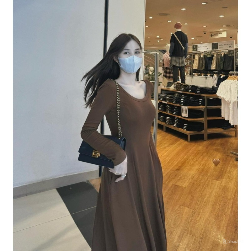 Đầm nữ dài tay dáng xòe chất thun co giãn cổ chữ U Jumito, đầm nữ tôn dáng phong cách nhẹ nhàng nữ tính HCOM2960