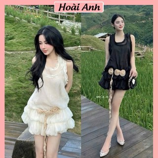Váy Đầm Nữ Tơ Mềm Sát Nách Xoè Tầng Phồng Gấu Kèm Hoa Nổi Sang Chảnh Có Quần Bảo Hộ