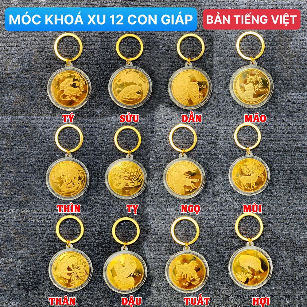 Móc Khóa Đồng Xu 12 Con Giáp Mạ Vàng Treo Oto, Xe Máy Phong Thủy