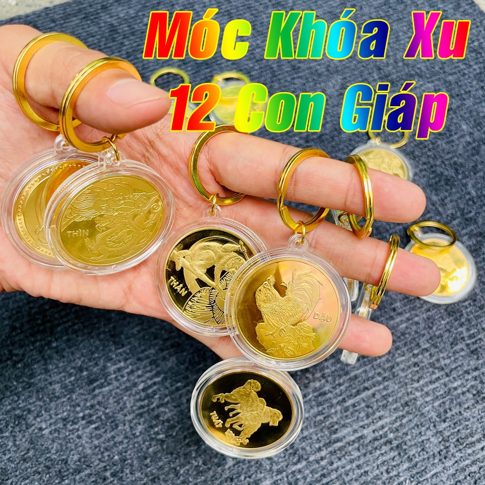 Móc Khóa Đồng Xu 12 Con Giáp Mạ Vàng Treo Oto, Xe Máy Phong Thủy