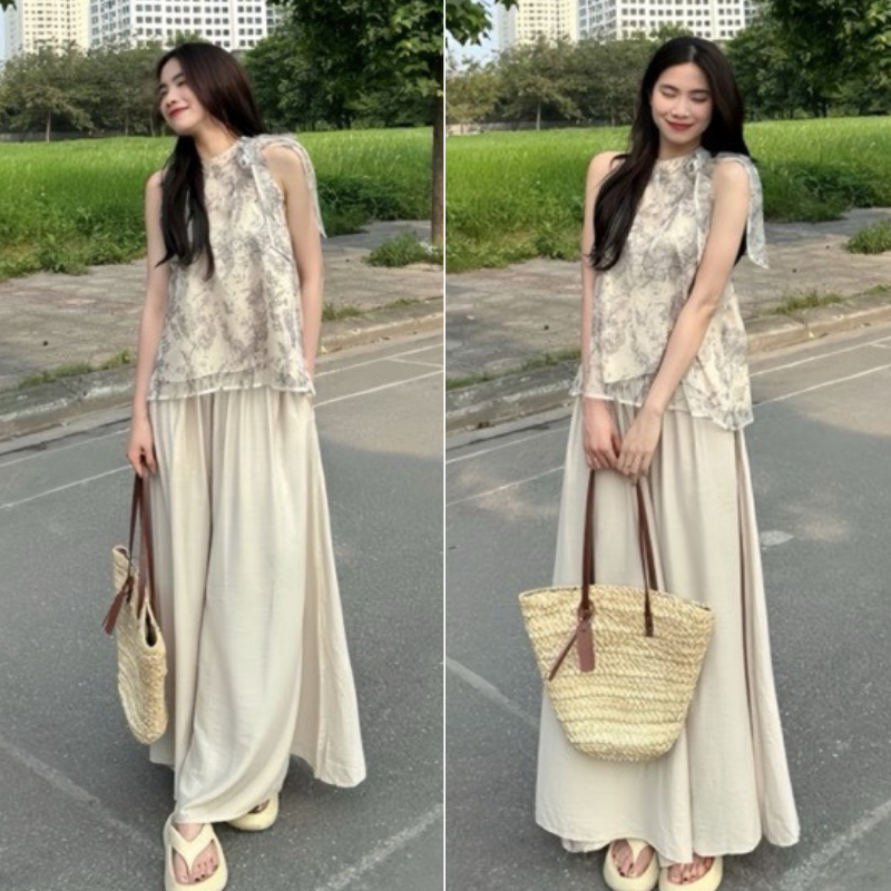 Set bộ quần áo yếm set bộ yếm voan tơ họa tiết hoa kèm quần suông đũi mềm tiểu thư sang chảnh B402 SUTANO | BigBuy360 - bigbuy360.vn