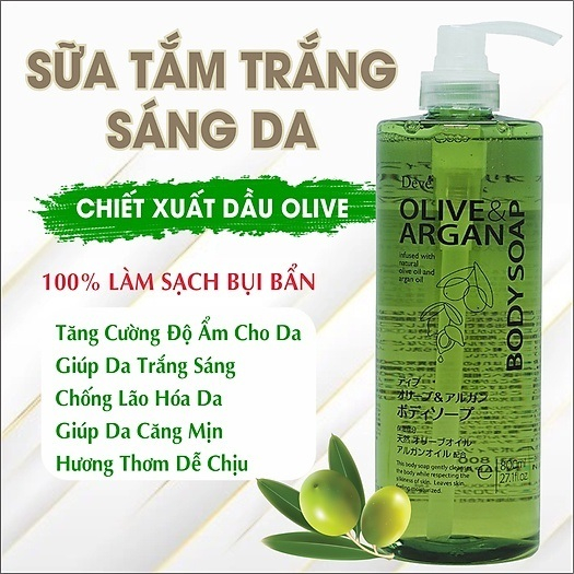 Ảnh Sữa Tắm Chiết Xuất Dầu Olive & Argan Dưỡng Sáng, Làm Mềm Da Deve Body Soap (800ml) 1