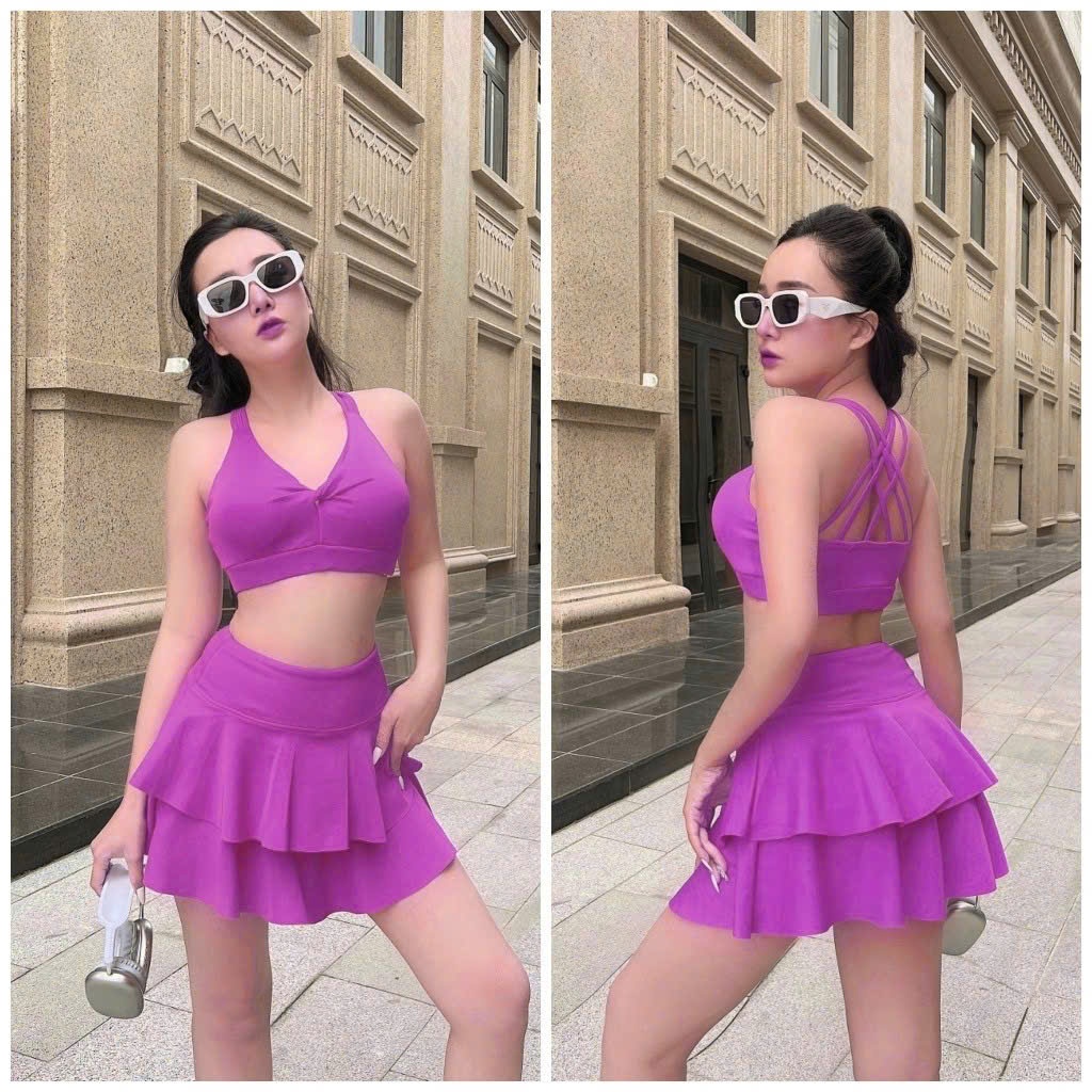 Set váy xòe tầng tập aerobic, đi bơi, ... áo xoắn ngực đan dây sau nhiều màu, co giãn thoải mái TS01