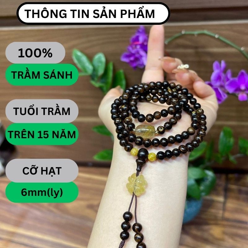 Vòng Tay Trầm Hương 108 Hạt Nữ – 6mm | Sánh Chìm, Mix Đá Cao Cấp, Charm Tóc Vàng | Chuỗi Tràng Hạt & Bình An