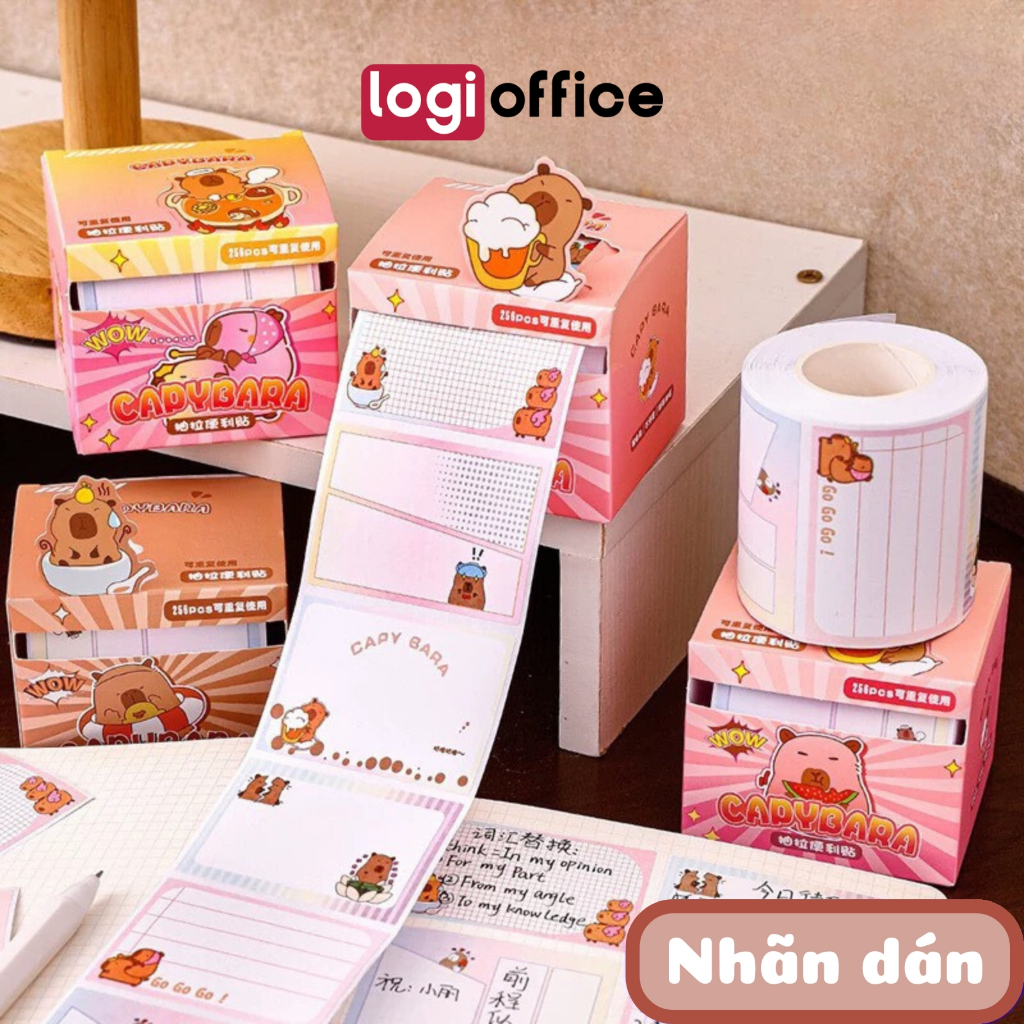Giấy note nhãn dán Capybara LOGi, hộp giấy note kéo dạng cuộn có keo ...