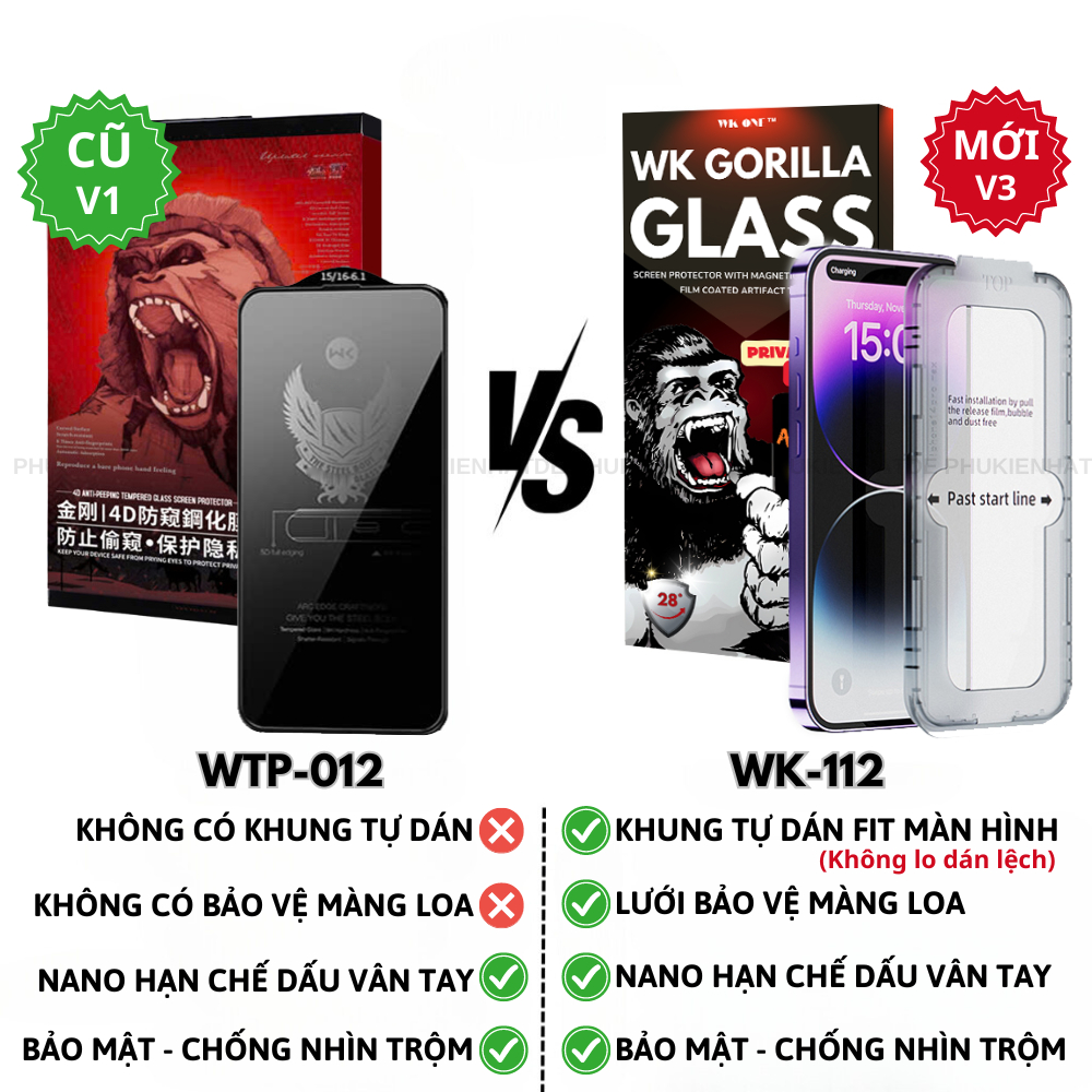 Kính Cường Lực Chống Nhìn Trộm 4D WK WTP-012 Dành Cho iphone 11/12/13/14/15/16/Pro/Plus/Pro Max/7/8Plus/X/Xs/XR/XsMax