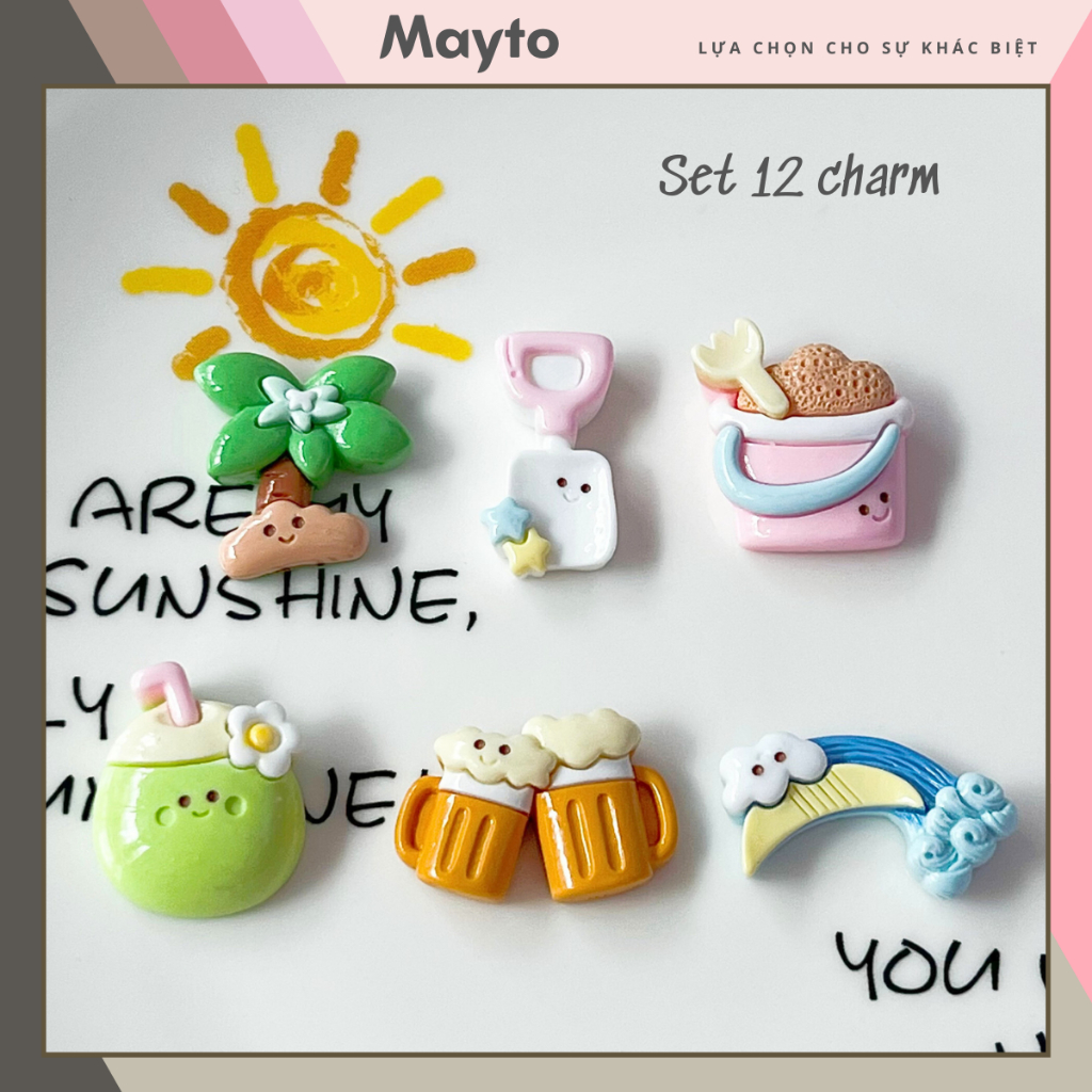 Bộ 12 Sticker, Charm 3D chủ đề Coconut DIY Mayto gắn Dép Cross, Dép Sục ...