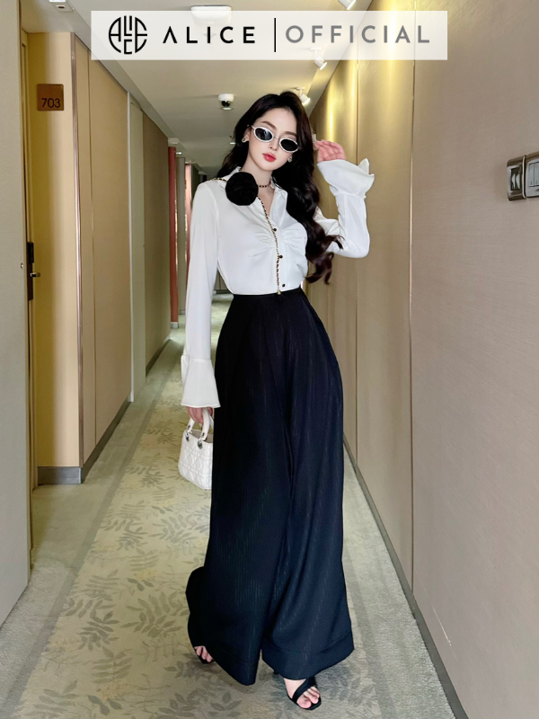 Set Áo Công Sở ALICE (Không Kèm Đai Hoa) Áo Lụa Cổ V Nhúm Ngực Kèm Quần Ống Suông Thiết Kế Tay Chuông Sang Chảnh S678