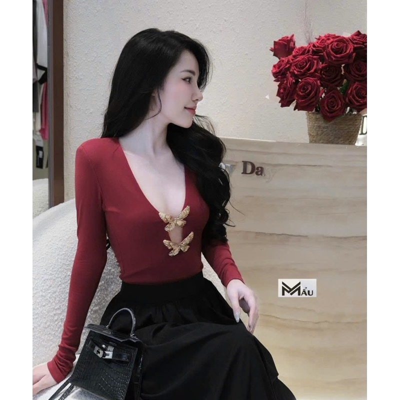 Áo body dài tay xẻ ngực phối 2 tang mix đồ xinh xỉu hàng có sẵn