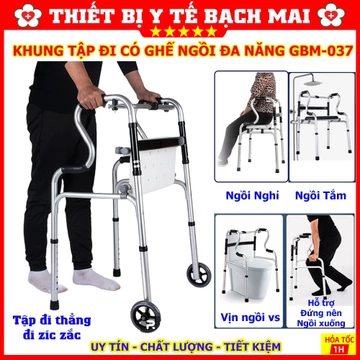 Khung Tập Đi Có Ghế Ngồi Đa Năng GBM-037 - Xe Tập Đi Người Già Khung Nhôm
