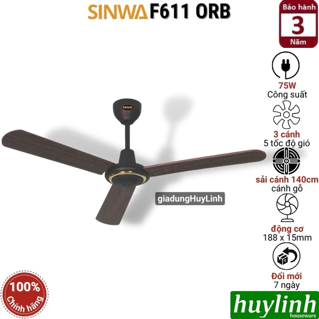 Quạt trần cánh gỗ Sinwa F611 ORB - 3 cánh gỗ