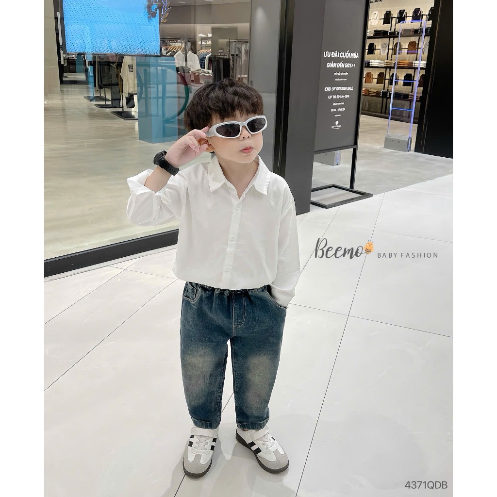 Quần baggy jeans chỉ nổi bé trai, quần bò dài trơn màu dáng baggy cho bé