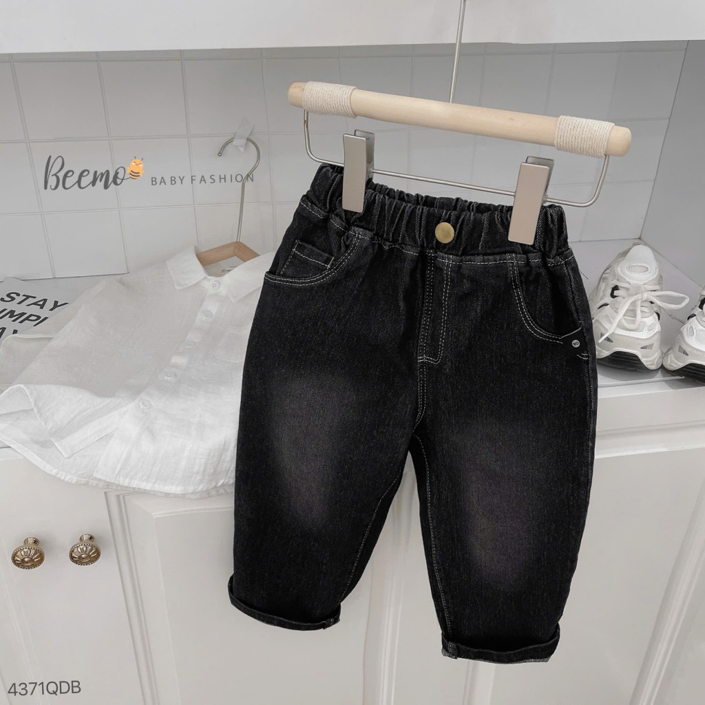 Quần baggy jeans chỉ nổi bé trai, quần bò dài trơn màu dáng baggy cho bé