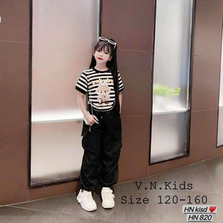 Bộ bé gái, Sét áo kẻ labu mix quần dài túi hộp đen cho bé gái