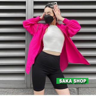 Áo sơ mi from rộng dài tay hồng sen nữ vải đũi