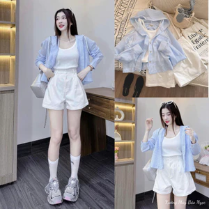 Set 3 Món - Áo 2 Dây Phối Sơ Mi Dài Tay Sọc Kẻ Xanh Có Mũ Mix Quần Đùi Trắng Xinh Mê Xưởng Bảo Ngọc
