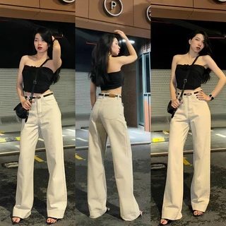 YURI JEANS - Quần Jean Nữ Ống Suông Phối Day Lưng Xéo Chữ N Màu Be (Mã5146)