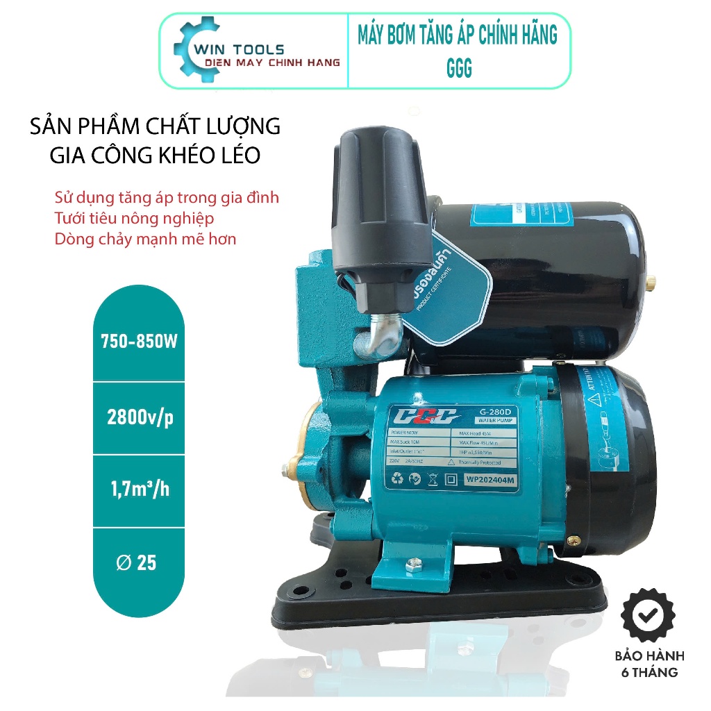Máy bơm tăng áp, cao áp GGG - G250D/G280D. Công suất 750 - 800W. Công suất cao, đóng ngắt tự động - Bảo Hành 06 tháng