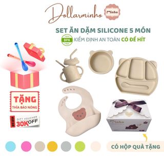 Set ăn dặm silicon cao cấp, khay 4 ngăn tai gấu có đế hít chống đổ Dollar Minho